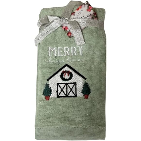 Set of (2) Holiday Themed Stitched Fingertip Towels (Green, Merry Christmas) - Picture 1 of 1